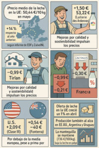 El precio medio de la leche en la UE sube un 14 % interanual en mayo, con importantes diferencias entre países